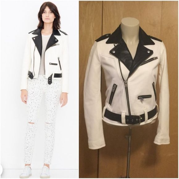 IRO White and Black Yulia Leather Jacket in Ecru